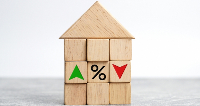 Residential mortgage product availability soars but rates continue to climb: Moneyfacts blocks making up a house with percentage signs up and down