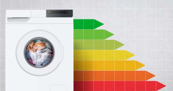 Government's 2030 EPC target deemed 'impossible' washing machine in front of colourful energy rating bars
