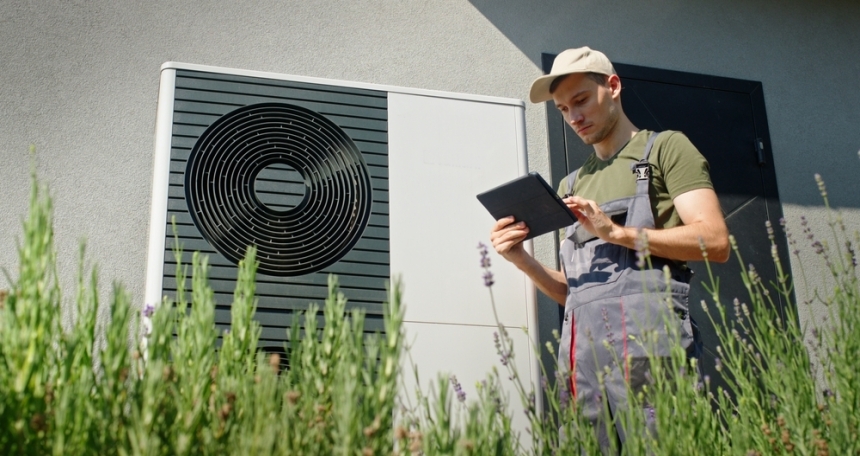 Combining efficient heat pumps with lower energy costs could offer significant savings Person with a clipboard assessing an outdoor heat pump